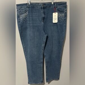 Arula High-Rise Straight Curve Hugging Pearl Embellished Denim Jeans Sz 24